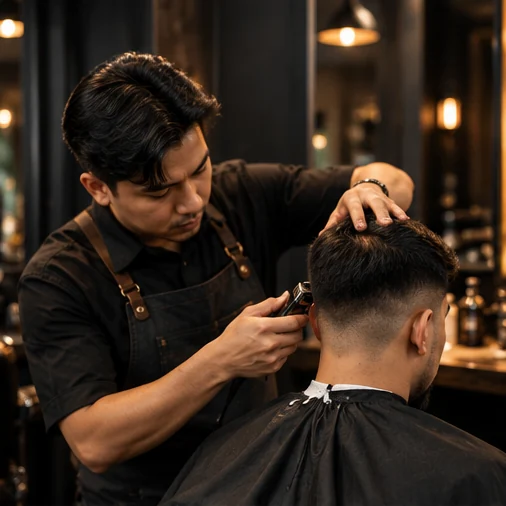Barber merapikan potongan rambut pria
