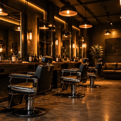 Ilustrasi interior barbershop dengan kursi kulit dan pencahayaan hangat