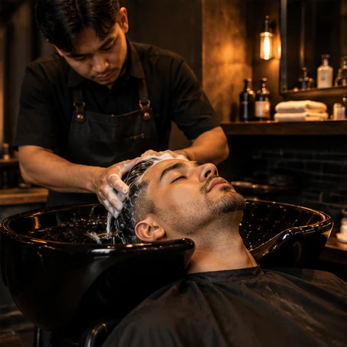 Perawatan cuci rambut di kursi wash barbershop